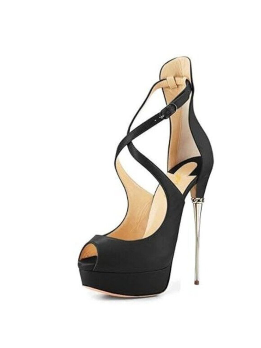 FSJ Black Women Gorgeous Peep Toe Platform Pumps Cross Strap High Heels Sandals